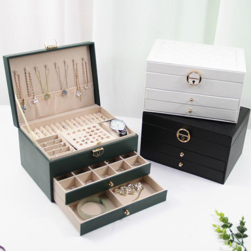 Lockable Storage Box Leather Jewelry Packaging Box Multi-function Double Layer Jewelry Box  Travel