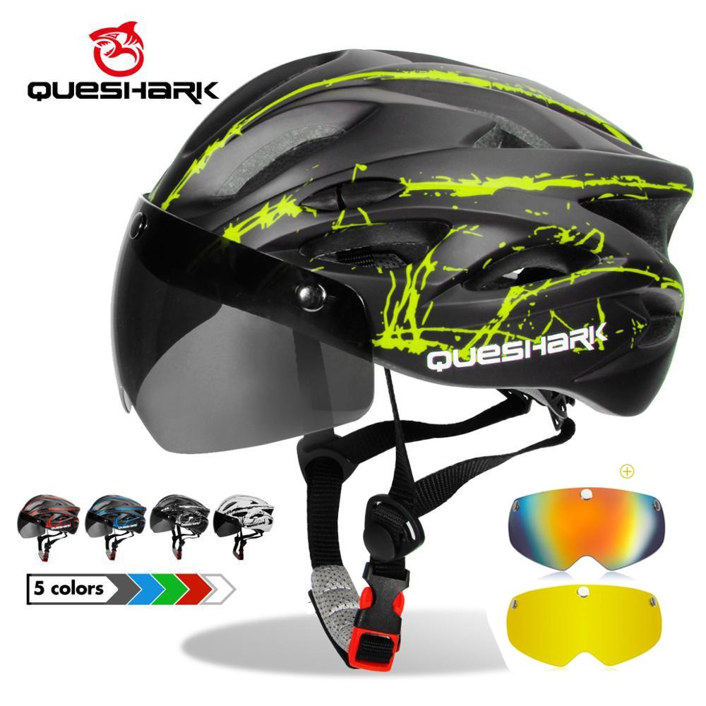 Queshark Ultralight Cycling Helmet with Goggles Bicycle Safety Cap Motorcycle Riding MTB Road Bike Helmet+Removable Yellow/Colorful Lens