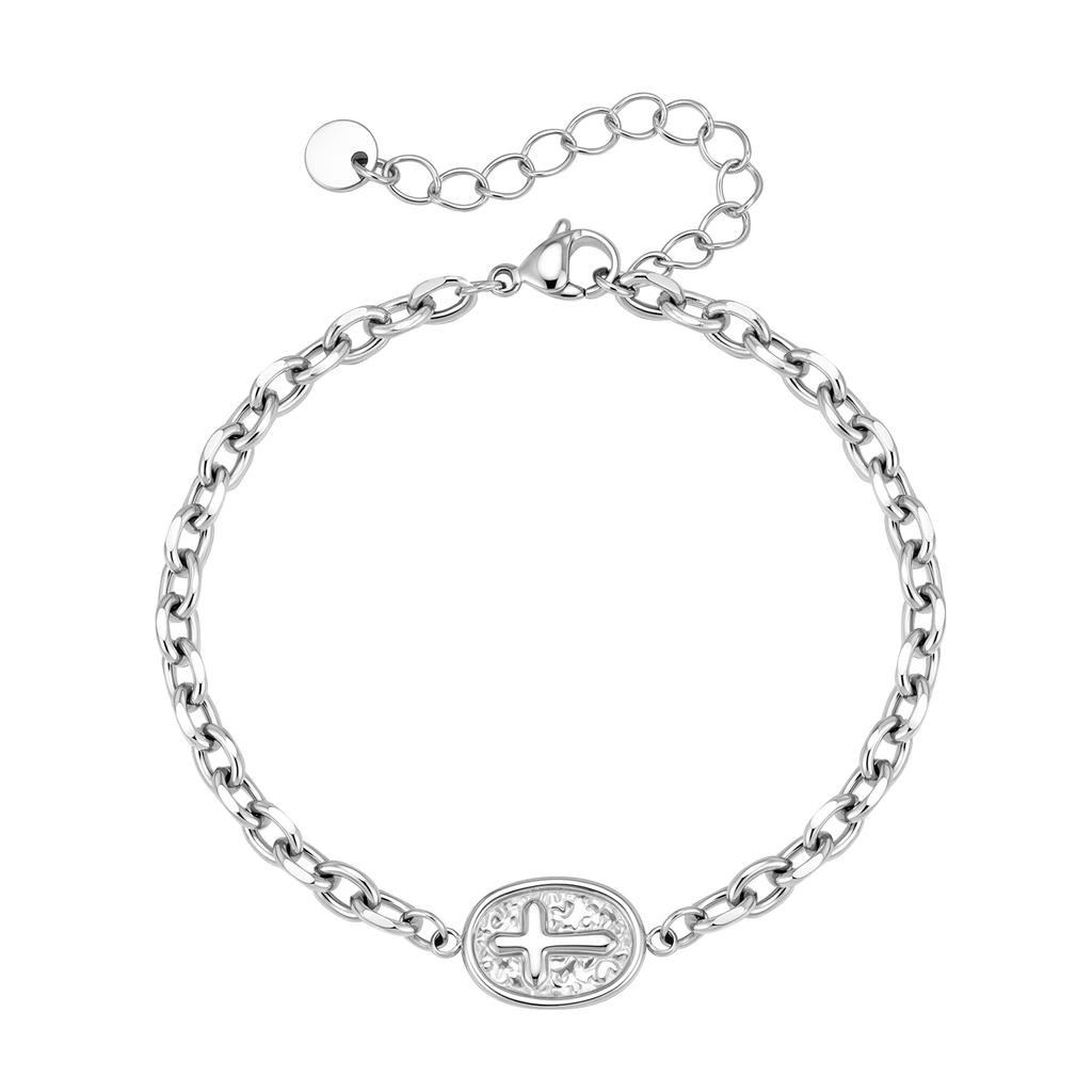 Fashion Silver Color Stainless Steel Cross Pattern Oval Charms Bracelets for Men, Vintage Stylish Jewelry Gift