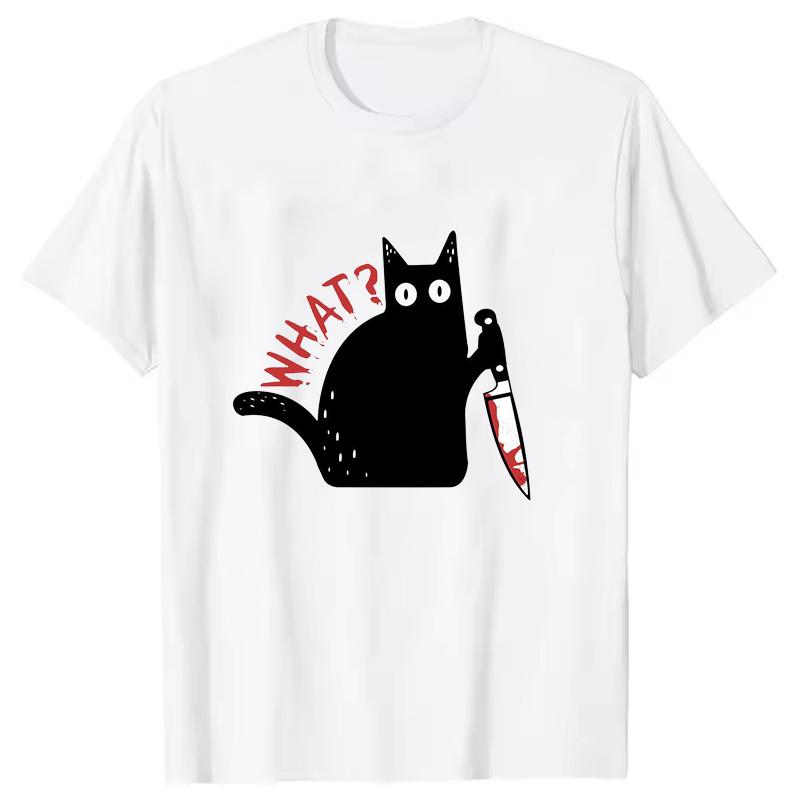 Black Cat with a Knife Rinted Tshirts Unisex Women Unisex Casual Loose Round Neck Creative Personalized Tshirts WHAT Pattern Top