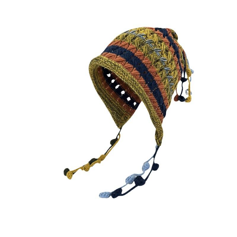 Корейская модельерская вязаная крючком цветная шерстяная шапка ручной работы для детей, осенне-зимняя пуловерная шляпа со шнуровкой и кисточками