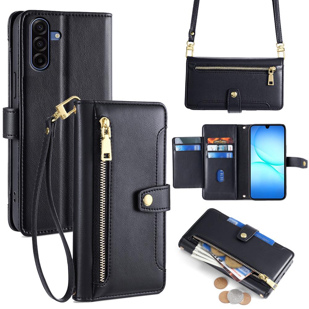 For Samsung Galaxy A17 5G Leather Case Zipper Pocket Wallet Phone Cover with 2 Straps