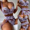 Women's Sexy Flower Embroidery Lace Hollow See-through Underwear Three-piece Suit