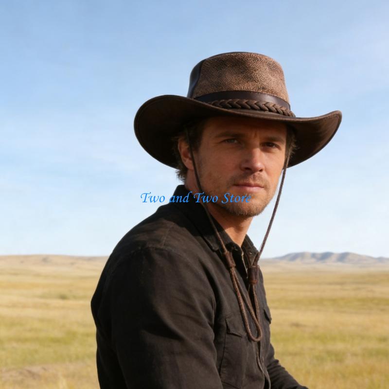 HX6F Practical PU Leather Western Hat for Men Breathable Costume Hat Ensures Comfort in Extended Outdoor Activities