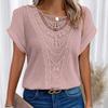 Свободный покрой для отдыха, женская футболка с короткими рукавами, весна/лето 2025, новая однотонная кружевная лоскутная футболка, пуловер, женская одежда