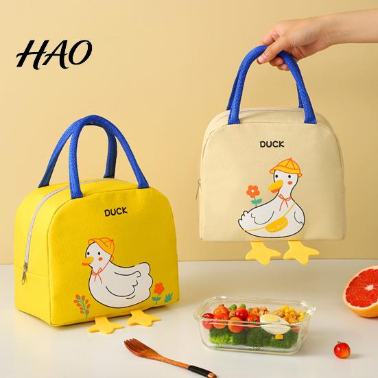 Durable Toddler Lunch Tote Cartoon Insulated Bag, Oxford Cloth Thermal Cooler Tote, Penguin/Duck Easy to Clean Snack Organizer Patterns Print,