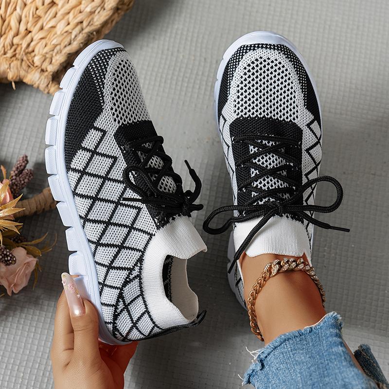 Fashion Fashion Mix Color Plaid Knitting Sneakers Women Plus Size 36-43 Breathable Mesh Flats Woman Comfy Soft Sole Running Shoes Female