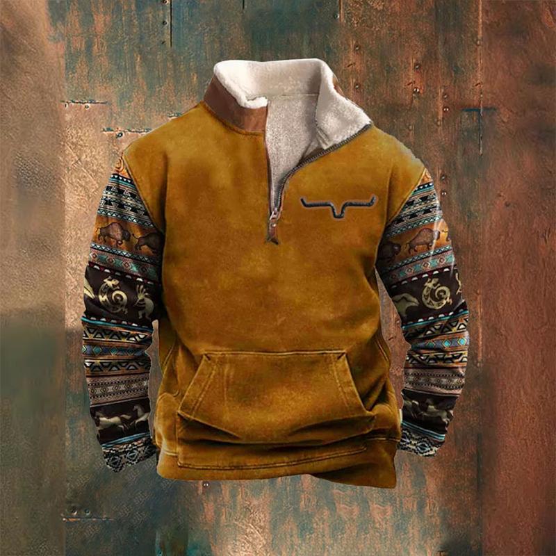 Мужская флисовая куртка в стиле вестерн, ковбойский свитер с принтом головы быка, застежка-молния на 1/4, воротник-стойка, длинный рукав, толстовки в деревенском стиле, пальто-пуловеры