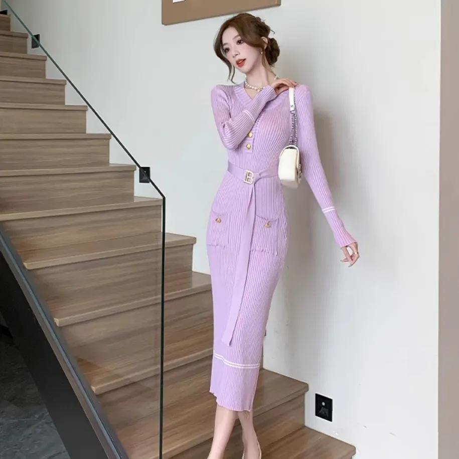 Осень-зима женское трикотажное платье модное платье-свитер с круглым вырезом на пуговицах и поясом женское офисное платье