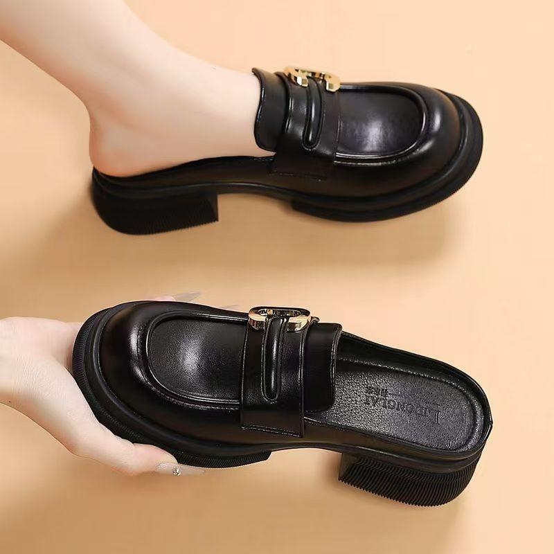 Spring and Autumn New Soft-soled British Small Leather Shoes Women's Versatile Casual Fashion One Pedal and Half Slippers