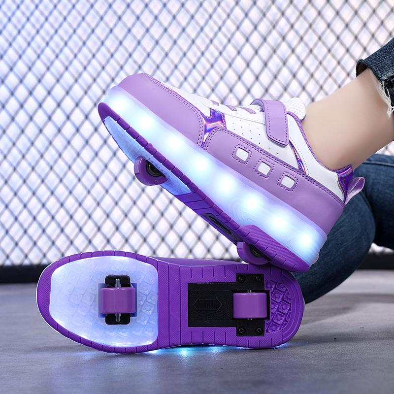 Детские светящиеся спортивные туфли, резиновые туфли, твердые волшебные патчи, зарядные устройства, двухрядные скользящие туфли с колесами