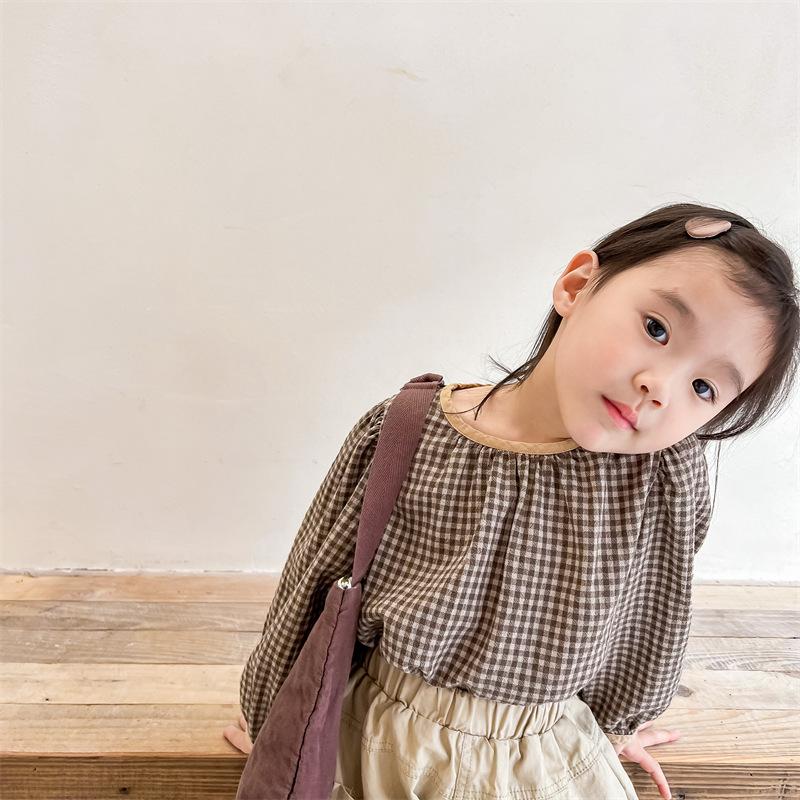 Spring Autumn Girls Korean Style Plaid Cotton Linen Long Sleeve Shirt