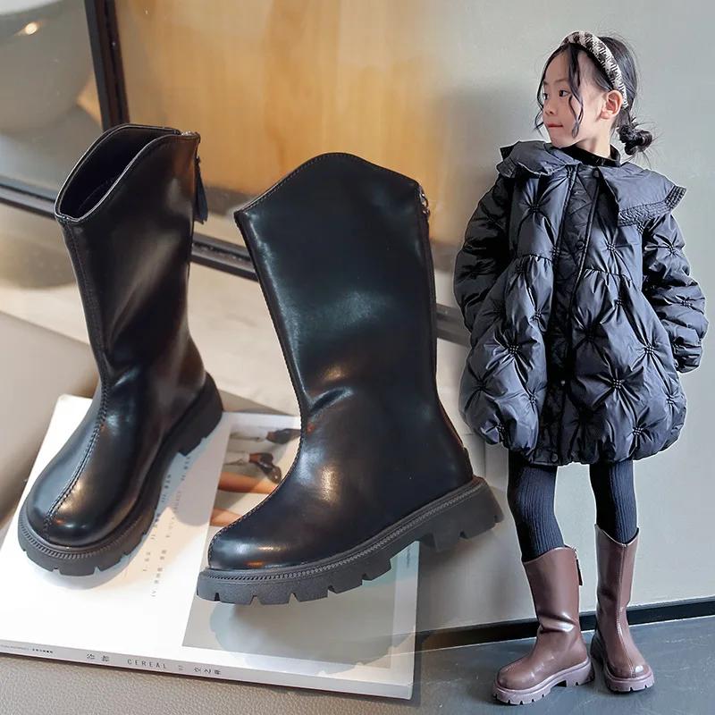 Детские кожаные сапоги, модные повседневные высокие сапоги для девочек, обувь принцессы из искусственной кожи, 2024, осенние новые детские высокие сапоги с молнией сзади