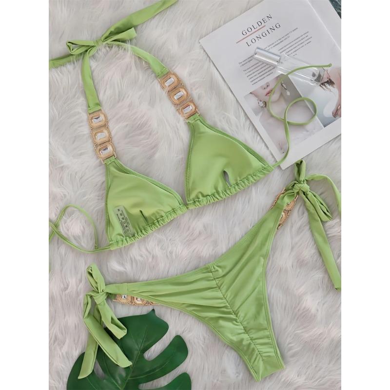 Сексуальный комплект бикини со стразами Женский 2025 Роскошный розовый с кристаллами и бриллиантами Пуш-ап Бандажный купальник стринги Пляжный купальник Купальник