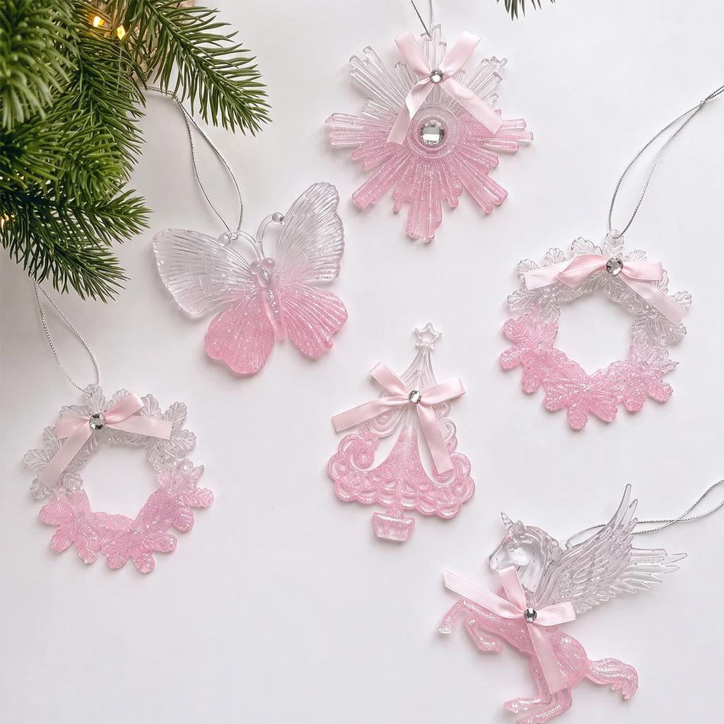 Gradient Pink Glitter Acrylic Christmas Hanging Ornament Assorted Festive Styles Xmas Tree Pendant for Holiday Home Decoration