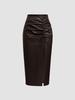 Однотонная юбка-миди из ПУ-кожи с высокой талией, драпировкой, разрезом на шнурке