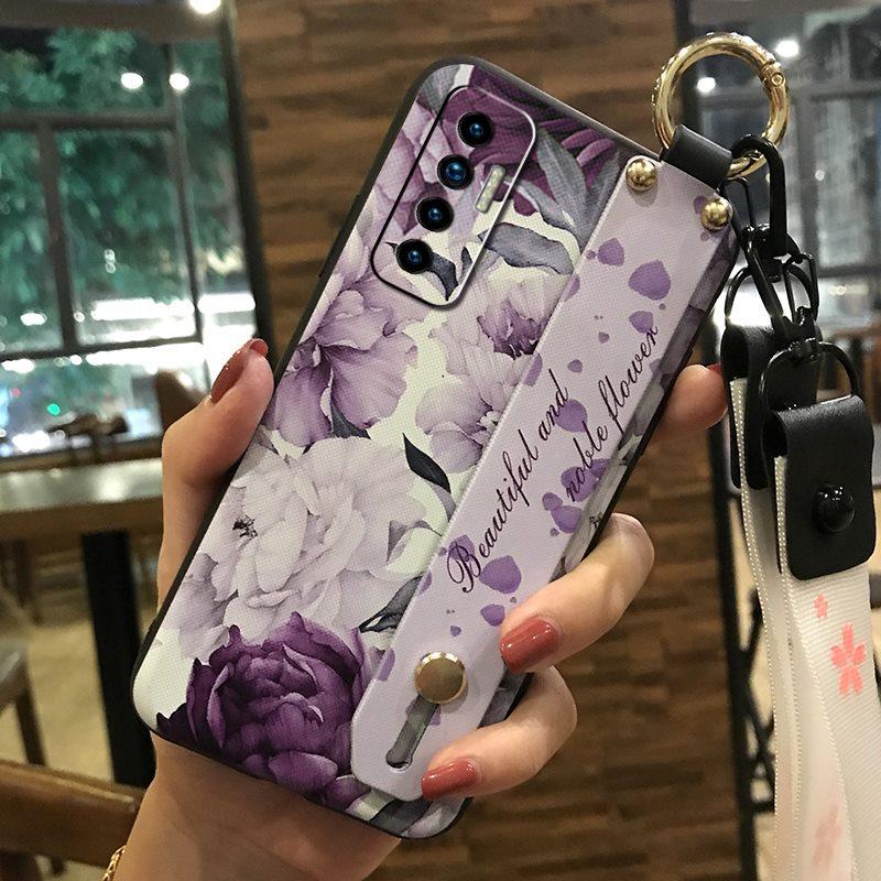 Soft Case Silicone Phone Case For Tecno Camon17P Dirt-resistant Flower Durable Wrist Strap Wristband Lanyard Ring