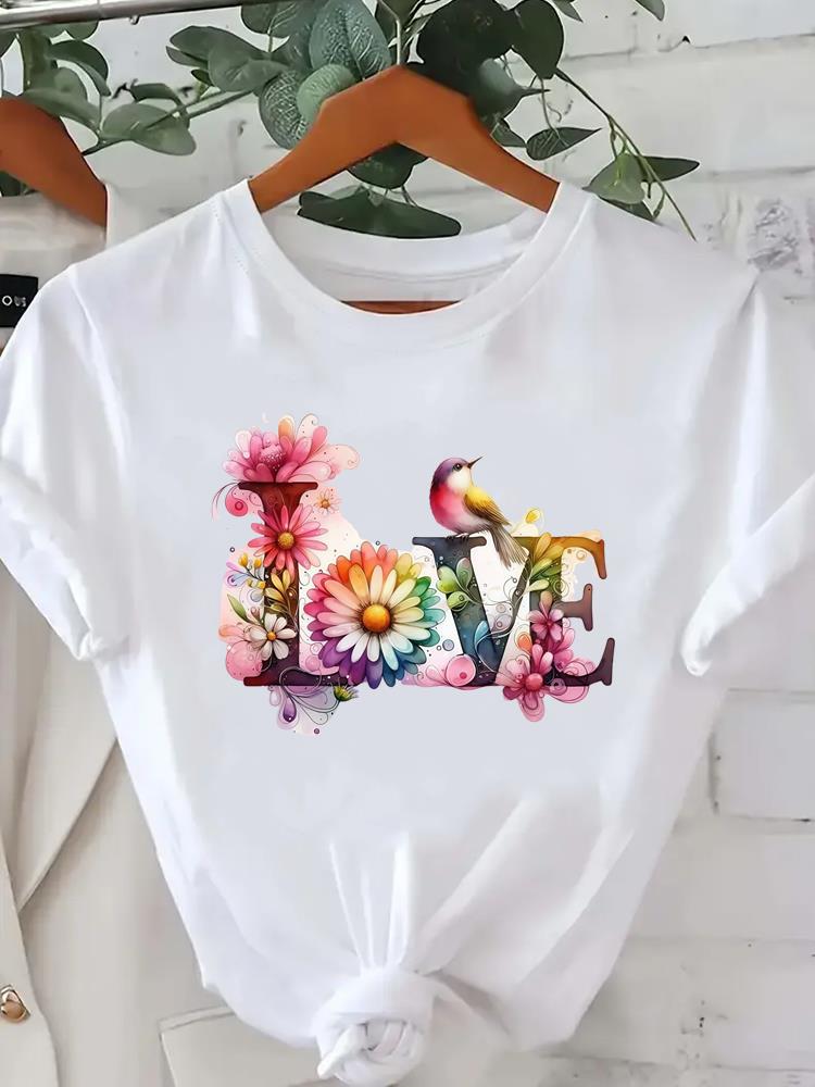 (Азиатский размер) Женская футболка с принтом, повседневная, с коротким рукавом, одежда, сладкая любовь, тренд 90-х, рубашка, модная, женская, графические футболки
