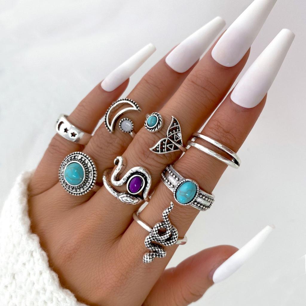 Vintage Geometric Stone Opal Rings Set For Woman Bohemian Antique Silver Color Knuckle Shield Rings Fashion Party Jewelry
