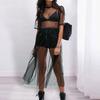 O-Neck Short Sleeve Cover Up Dress High Waist Flowy Hem Solid Color See-through Mesh Midi Beach Dress Streetwear