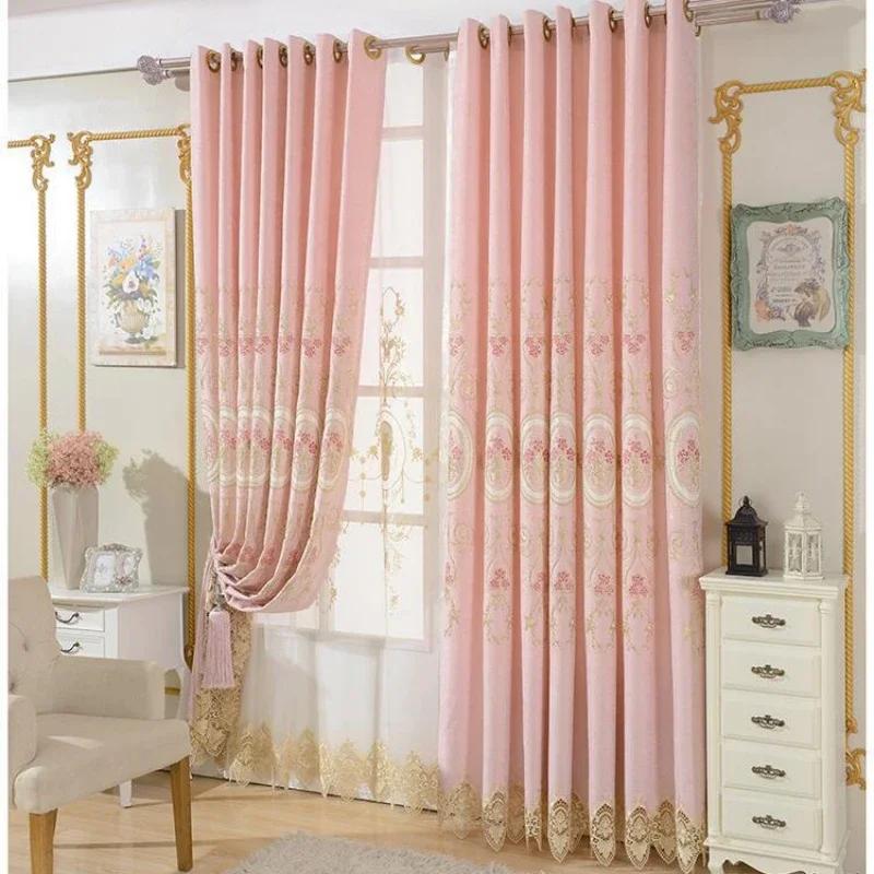 Европейские роскошные шторы из шенилла для гостиной, спальни, синие, розовые, с вышивкой, индивидуальный элегантный комплект из кружевного тюля