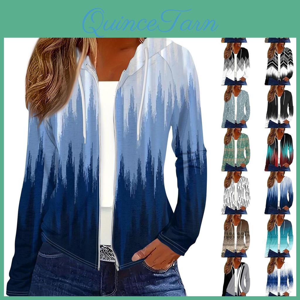 Fashion Casual Up Womens Zip Hooded Print Long Sleeve Sweatshirts Coat