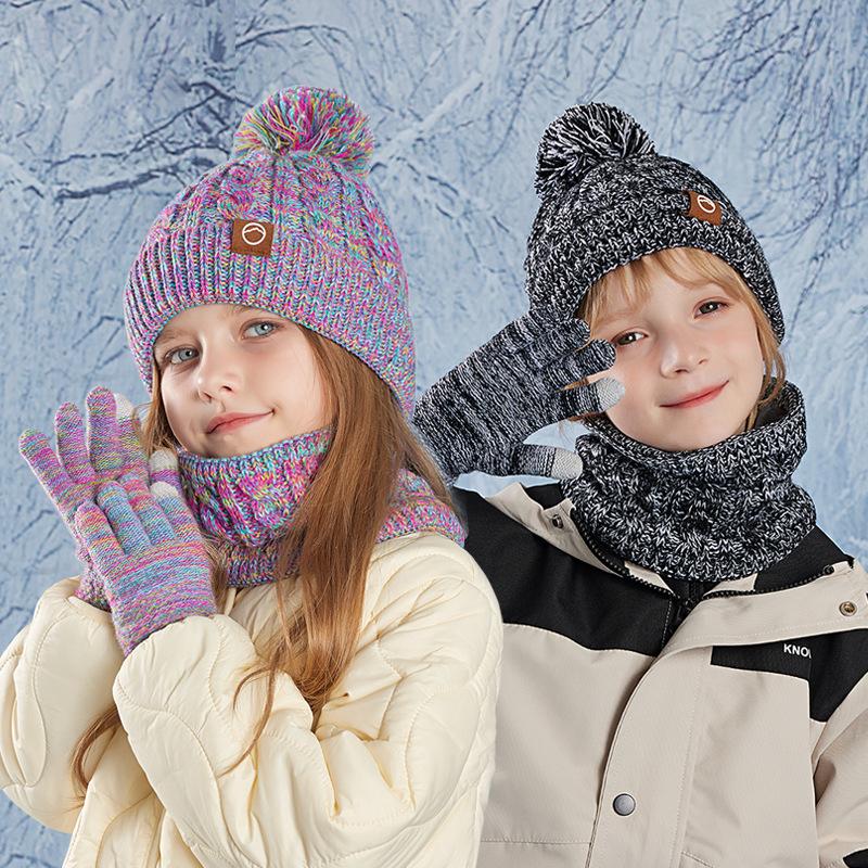 Children's Cap Scarf Gloves Three-Piece Set Coldproof Wool Cap Boys Girls Outdoor Warm Knitted Hat