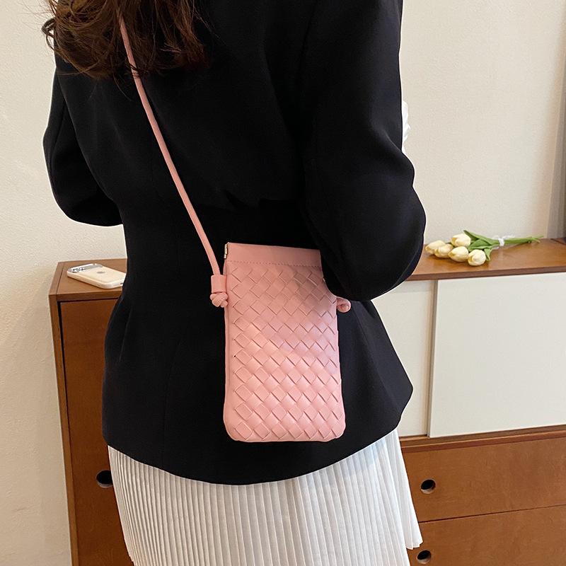 Fashionable Retro Phone Bag Woven Texture Mini Shoulder Crossbody Bag Casual Solid Color Change Storage Bag for Women