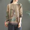 Retro Literary Loose Large Size Printed Sweater Women Autumn Fashionable Round Neck Knit Sweater Coat Tops