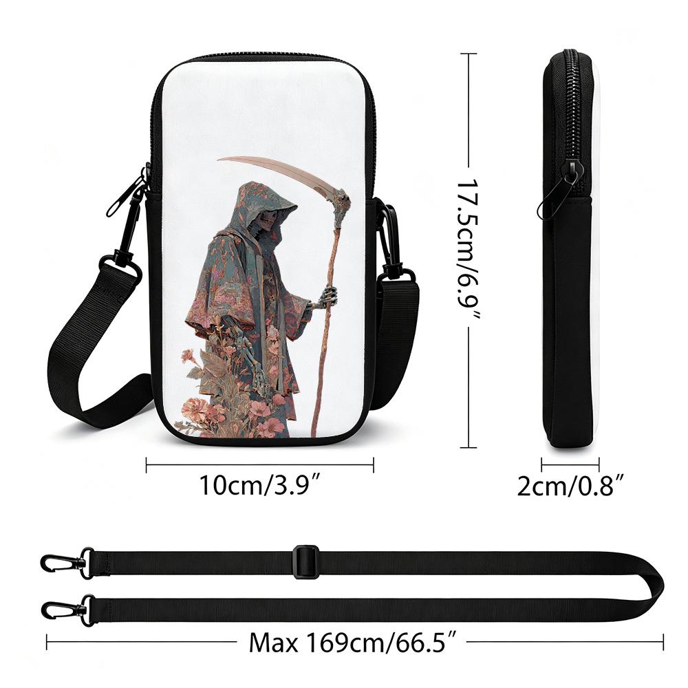 Vintage Floral Grim Reaper Gothic Art Crossbody Phone Bag, Adjustable Strap Small Shoulder Pouch, Trendy Casual Festival Handbag For Halloween Party G