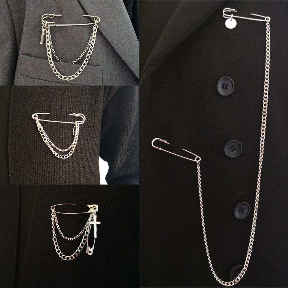 Unisex Minimalist Suit Accessory Cross Pendant Punk Brooches Long Chain Big Pins