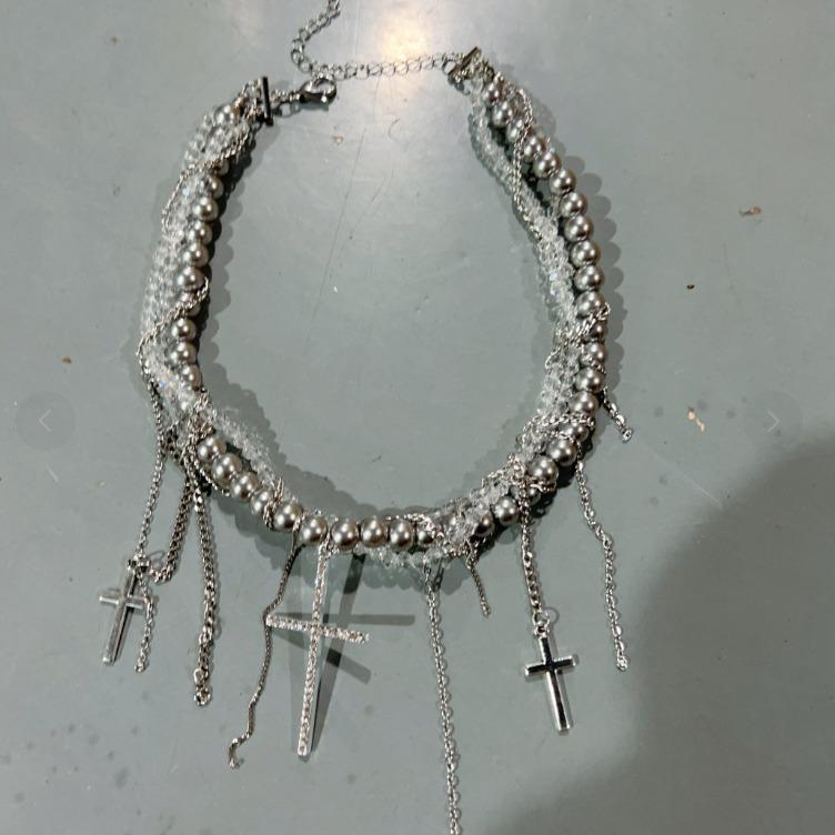 Gothic Layered Cross Necklace - Punk Fringe Choker with Beaded Detailing