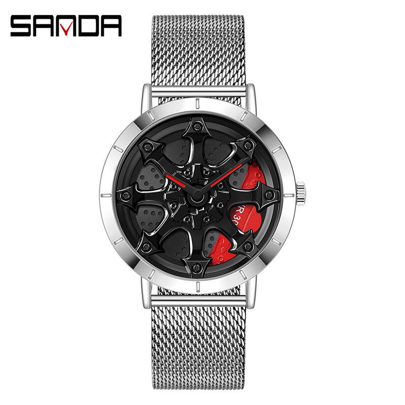 SANDA Часы со стальным ремнем, модные повседневные мужские часы с крутым циферблатом, кварцевые часы на колесе автомобиля