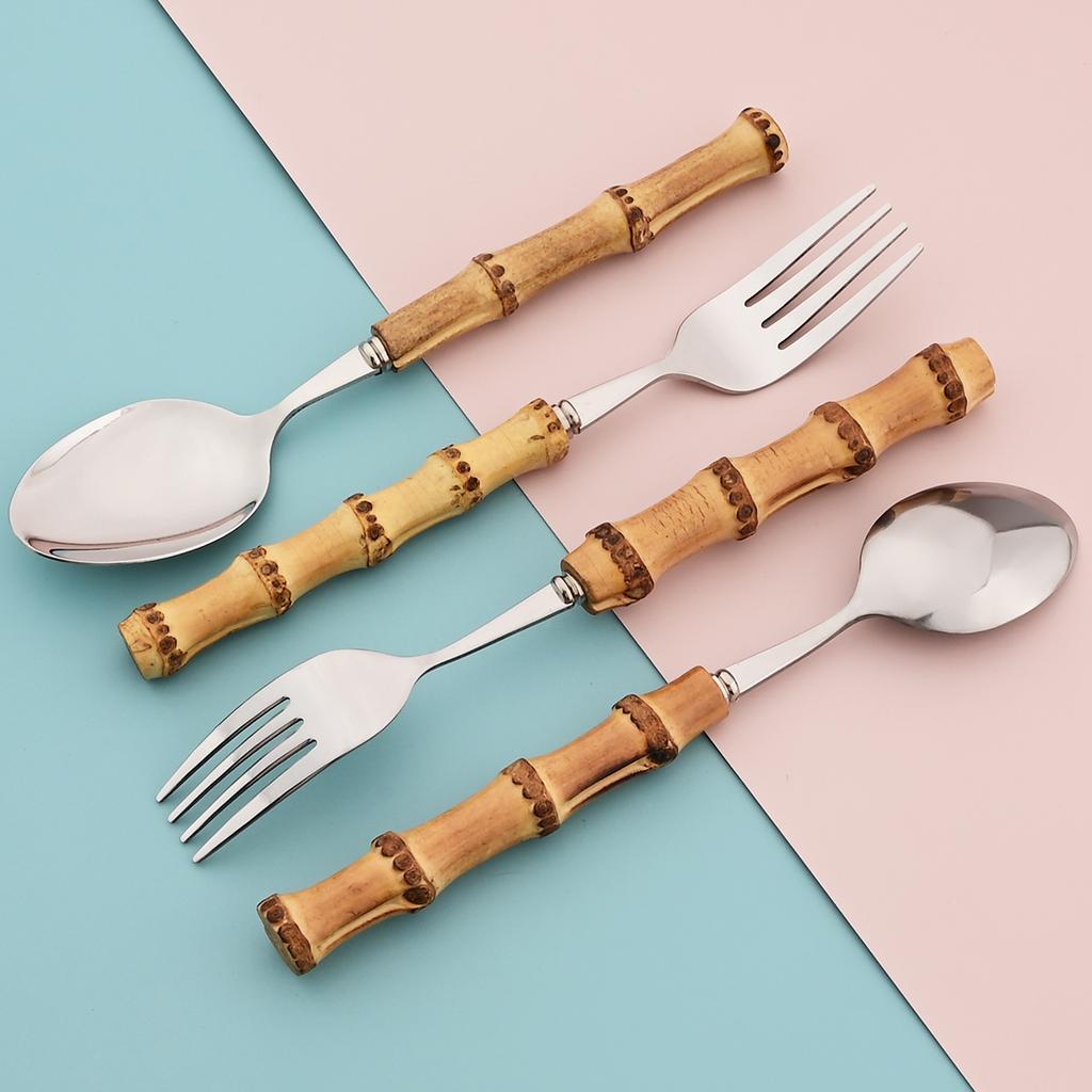 Дерево Бамбуковый Корень Ручка Столовые Приборы Нержавеющая Сталь Посуда Кухонная Утварь Ложка для Сервировки Еды Вилка для Салата Ложка Чайная Ложка Посуда