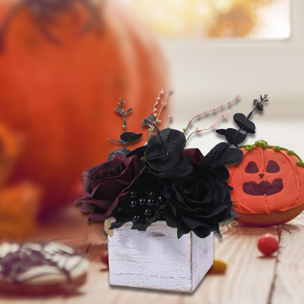 Halloween Artificial Flowers in Wooden Box Table Centerpiece Artificial Roses for Coffee Table Bedroom Desk Bathroom Shelf