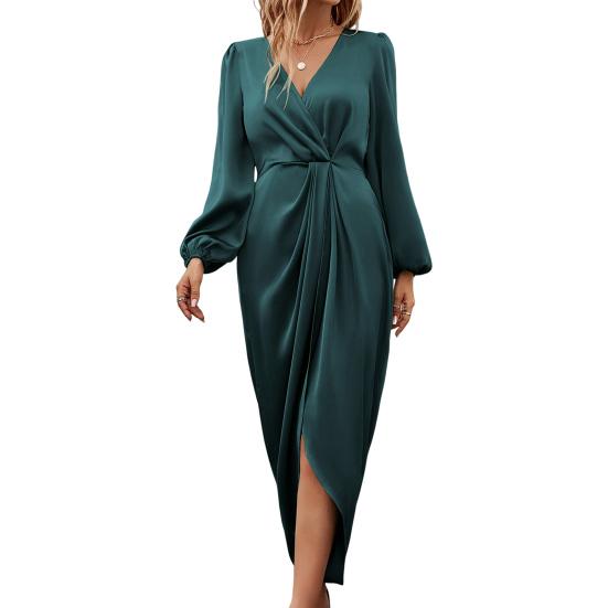 Женское платье с неровным разрезом по низу, высокой талией, плиссировкой, длинными рукавами-фонариками, однотонное платье с V-образным вырезом, для торжественной вечеринки, банкета, макси-платье