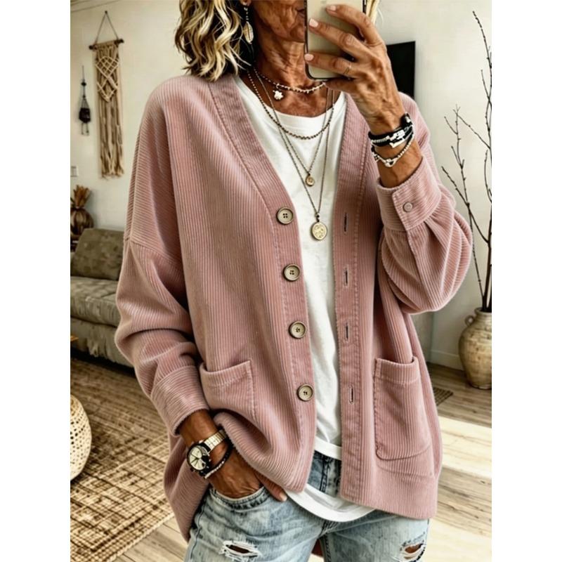 Women S Fall Lazy Style Corduroy V Neck Loose Drop Shoulder Button Cardigan Coat