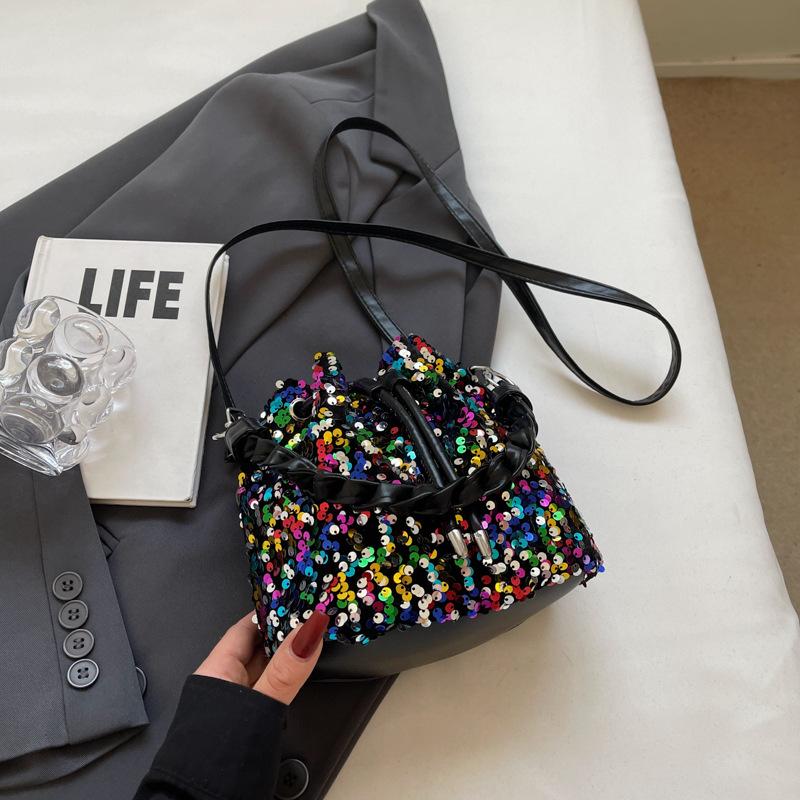 Модная женская сумка на шнурке с пайетками, универсальная сумка через плечо, сумка-ведро