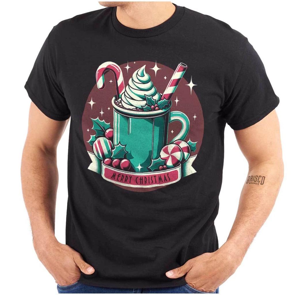 Merry Christmas Candy Cane Hot Chocolate Mug Womens or Mens Crewneck 100% Cotton T-shirt Mens Tees Top Tee