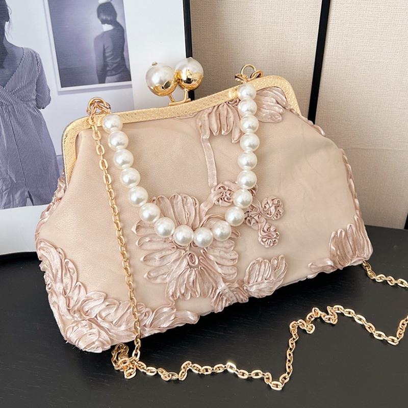 Classic Women Mesh Flower Wedding Lock Shell Clip Shoulder Bags White Crossbody Bags Prom Pearl Clutch Chain Handbags And Purses