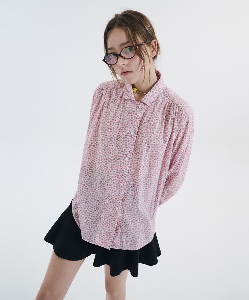 VOYONN Mini Collar Shirred Print Blouse Pink 0113