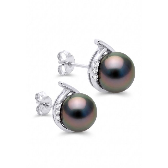 Boucles d'Oreilles - Pearls & Colors - Perle de Culture de Tahiti 7-8 mm Rondes - Or Blanc 375/1000 - Qualité A+ - Diamants - Femme
