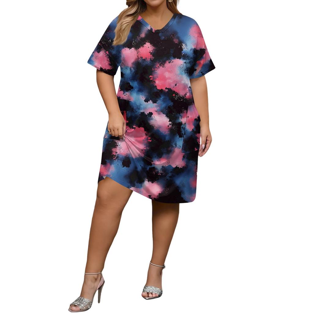 Summer Plus Size V Neck Short Sleeve Knee Pocket Print Casual Dress For Women