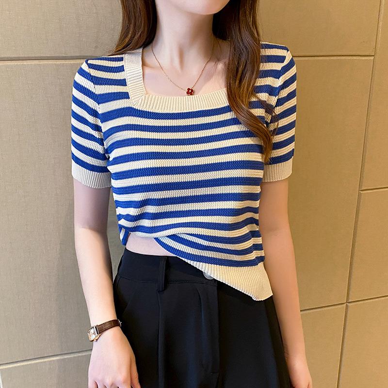YYFS Женская мода повседневная летняя весна полосатый принт короткий рукав квадратный воротник блузки и рубашки