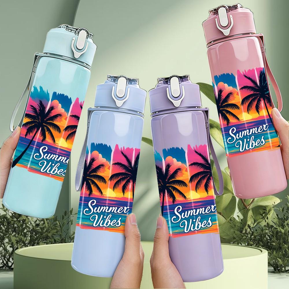 1PC Sunset Palm Beach Tropical 750ml Color Plastic Sports Water Bottle Leakproof Flip Straw Lid Suitable for Sports Office Home Use