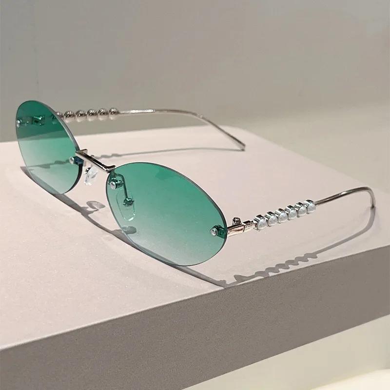 Винтажные овальные солнцезащитные очки без оправы женские мужские дизайнерские люксового бренда солнцезащитные очки панк популярные жемчужные элегантные очки УФ400