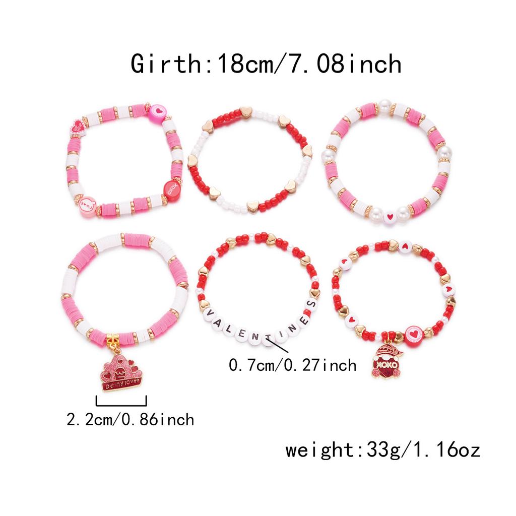 Fashion 6pcs/set Y2K Pink Beads Polymer Clay Bracelets Set for Women Girls LOVE Heart Pendant Gifts for Lovers Jewelry