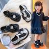 Girls Leather Shoes Black Big Bow Sweet Crystal Kids Performance Shoes Non-slip 2025 New Children Flat Shoes Princess Wedding