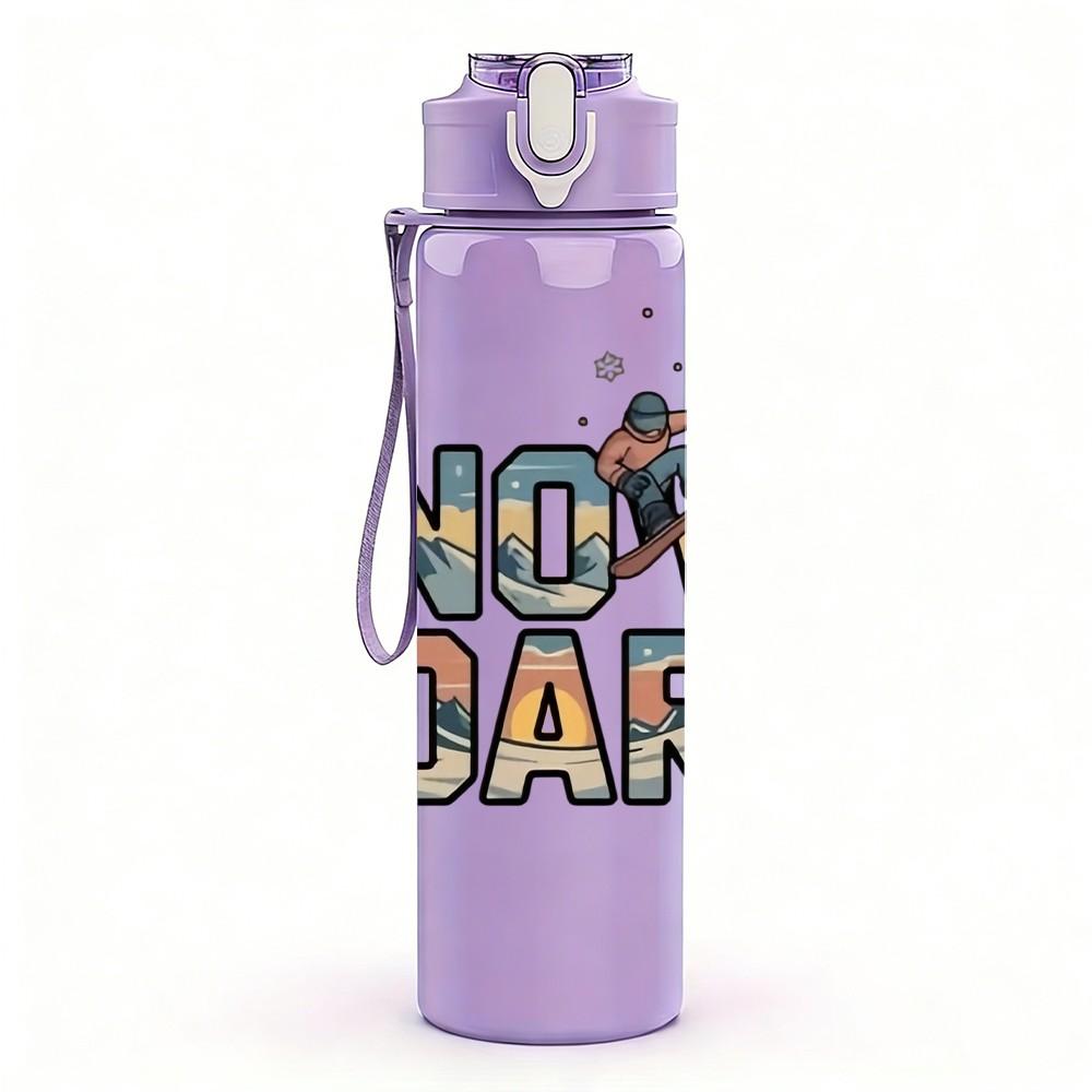 1PC Snowboard Bold Letter Text Print 750ml Color Plastic Sports Water Bottle Leakproof Flip Straw Lid Suitable for Sports Office Home Use