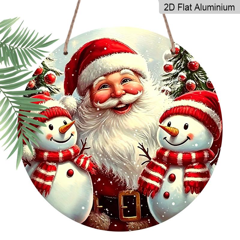 2D Flat 1pc Round Aluminum Hanging Sign, Vintage Santa Claus Two Snowmen Christmas Tree Metal Wall Decor, Xmas Winter Farmhouse Front Door Porch